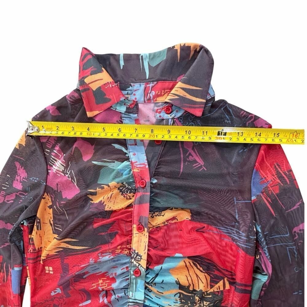 Abstract Y2K Art to Wear Colorful Vibrant Artsy Ruched Button Up Blouse Women XS - Picture 11 of 11